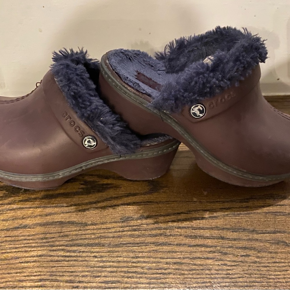 Purple and plum kids fur lined crocs